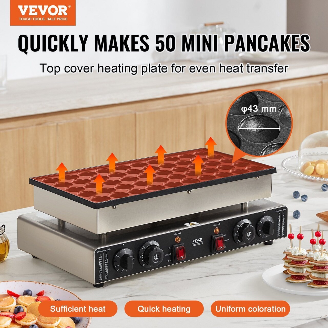 VEVOR-1.69"-Silver-Commercial Mini Waffle Maker for Pancakes and Desserts-1 Piece